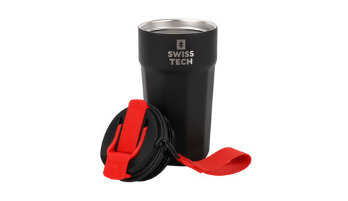 בקבוק שתייה תרמי SwissTech ST075036 שחור עם פיית ספורט, דופן כפולה ואקום, ציפוי נחושת פנימי ורצועת נשיאה מובנית