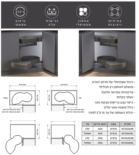 מגש סווינג LUX רוחב 45 שמאל כולל פרזול ובולם גרפיט 