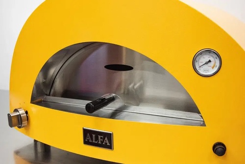 טאבון Alfa MODERNO 2 Pizze בצבע צהוב מרהיב עם טכנולוגיית Firebrick, פטנט זרימת חום מעגלית ובידוד Superwool לאפיית פיצות מושלמות