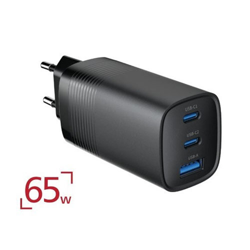מטען קיר מהיר GaN PD 65W יצאות Smart Charge USB + 2x Type-C 