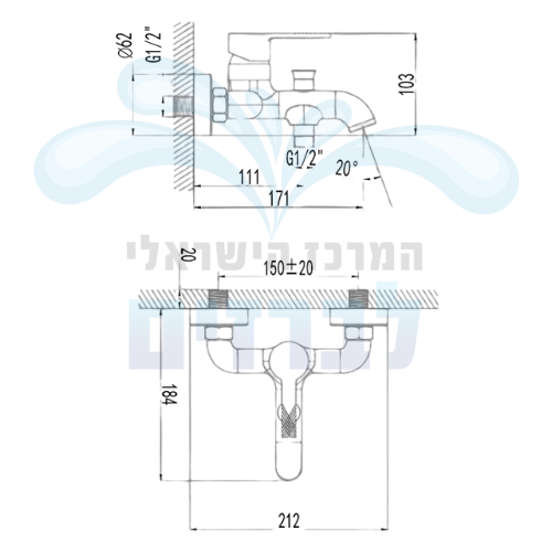 מידות ערכת ברז מהקיר (סוללת קיר) לאמבטיה מדגל אופל 54010
