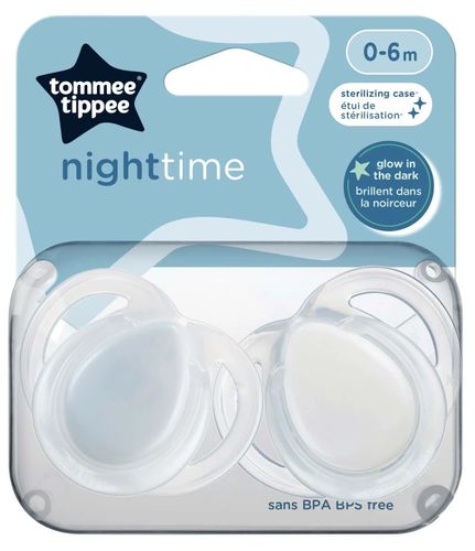 זוג מוצצי סיליקון אורטודנטים, זוהרים בחושך night time לגיל 0-6 חודשים (מגוון צבעים)