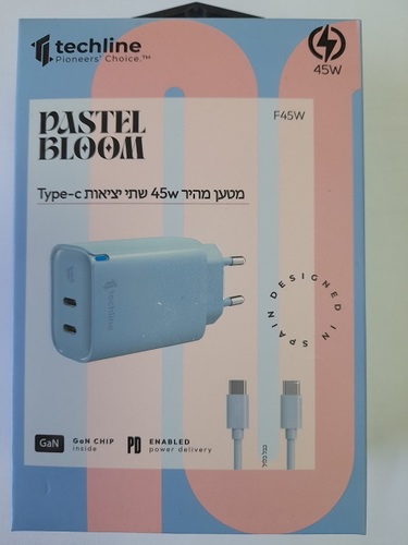 מטען חשמל מהיר 45W + כבל 1 מטר TYPE C טקליין כחול
