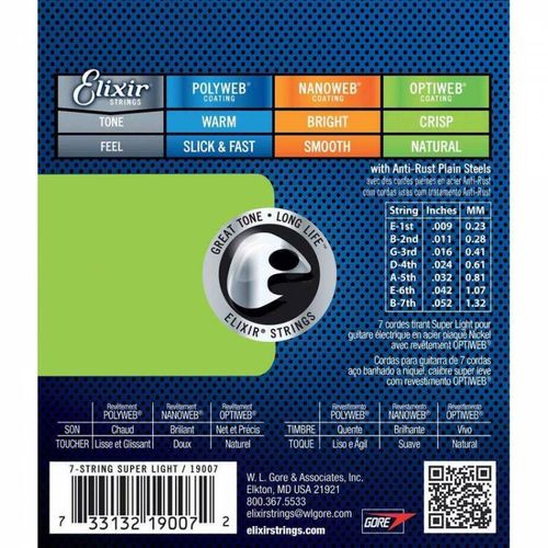סט 7 מיתרים לחשמלית Elixir Optiweb 19007 0.09-0.52