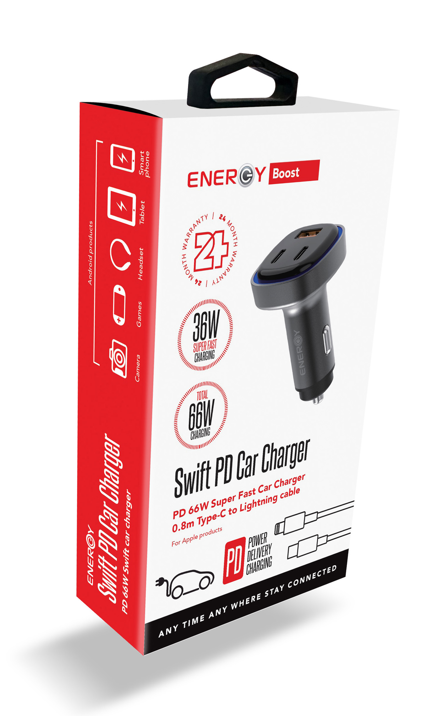 מטען רכב ENERGY Swift  PD65W with Type-C tp Lightning 0.8M 