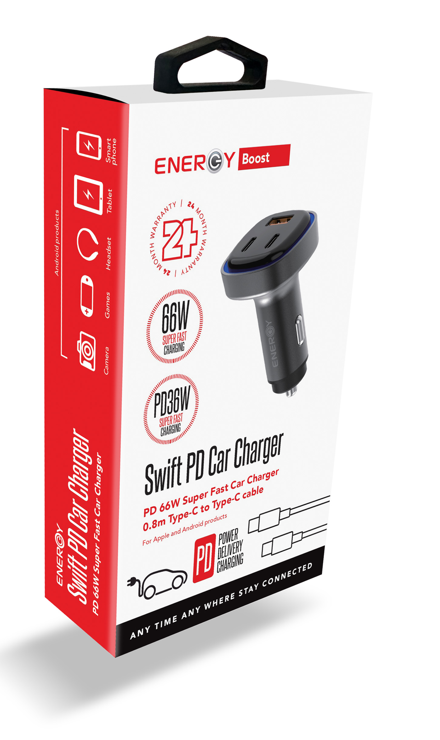 מטען רכב ENERGY Swift 2C+1A PD66W with C to C 0.8M 