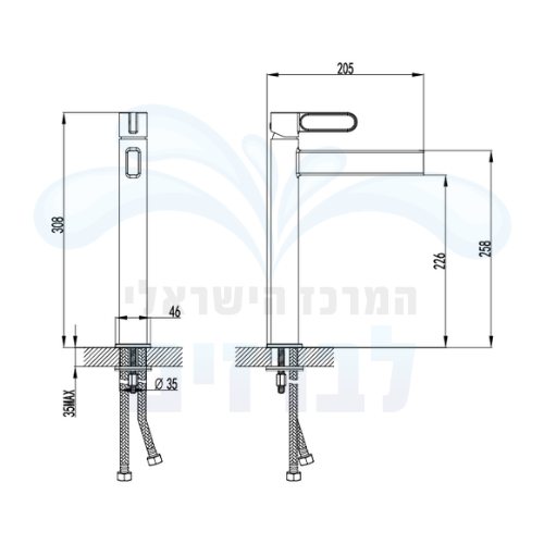 מידות ברז פרח ניצב גבוה לכיור רחצה מדגל שוהם 48812 | פיה ארוכה קבועה | שחור מט