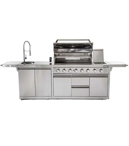 גריל גז CAESAR GRILL דגם JULIUS 6 עם 6 מבערים, מבער אינפרא-אדום, כירת צד, כיור נירוסטה ומשטחי עבודה - מטבח חוץ מקצועי ויוקרתי
