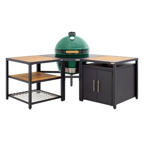 יחידת פינה למטבח מודולרי של BIG GREEN EGG עשויה אלומיניום עם ציפוי POWDER COATING, מתאימה לגריל בגודל XL, עם חור עגול מרכזי ותמיכה אלכסונית לחיזוק