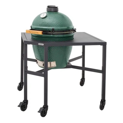 יחידת פינה למטבח מודולרי של BIG GREEN EGG עשויה אלומיניום עם ציפוי POWDER COATING, מתאימה לגריל בגודל XL, עם חור עגול מרכזי ותמיכה אלכסונית לחיזוק