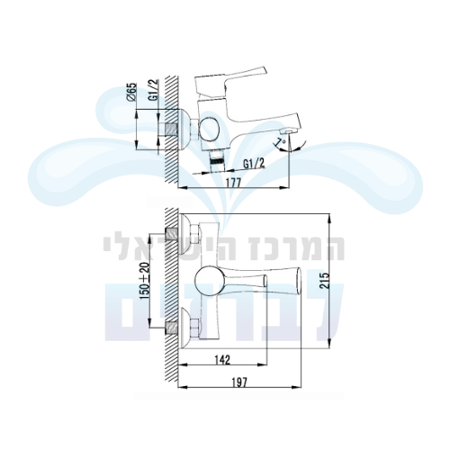 ערכת ברז מהקיר (סוללת קיר) לאמבטיה כולל מזלף וצינור מדגל יערה 44010 | בראש ניקל PVD