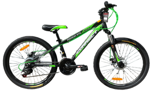 אופני הרים לנוער ומבוגרים קונקט פרימיום MTB עם שלדת אלומיניום, 21 הילוכים, גלגלי "24, בלמי דיסק ובולם זעזועים קדמי - שחור/ירוק