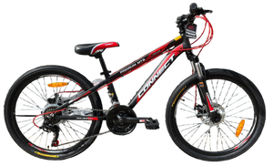 אופני הרים לנוער ומבוגרים קונקט פרימיום MTB עם שלדת אלומיניום, 21 הילוכים, גלגלי "24, בלמי דיסק ובולם זעזועים קדמי - שחור/אדום