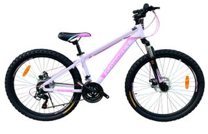 אופני הרים אלומיניום לנוער קונקט MTB גלגלי "26 שלדה "14 עם 21 הילוכים, בלמי דיסק ובולם זעזועים קדמי - לבן/ורוד