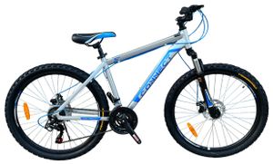 אופני הרים אלומיניום לנוער קונקט MTB גלגלי "26 שלדה "14 עם 21 הילוכים, בלמי דיסק ובולם זעזועים קדמי - כסוף/תכלת