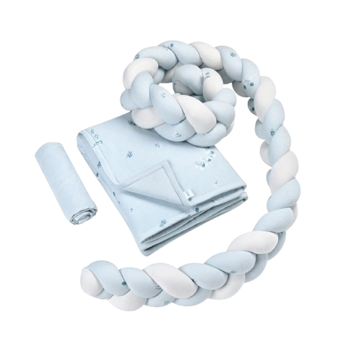 סט לעריסת תינוק 100% כותנה עם כרית נחשוש קלועה - עלים כחולים