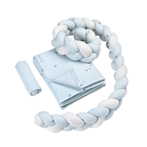 סט לעריסת תינוק 100% כותנה עם כרית נחשוש קלועה - עלים כחולים