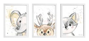 שלישיית תמונות מעוצבות לחדר תינוק / ילדים בגודל A4, מסגרת לבנה - חיות היער 