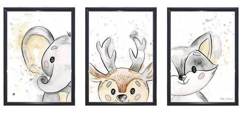 שלישיית תמונות מעוצבות לחדר תינוק / ילדים בגודל A4, מסגרת שחורה - חיות היער 