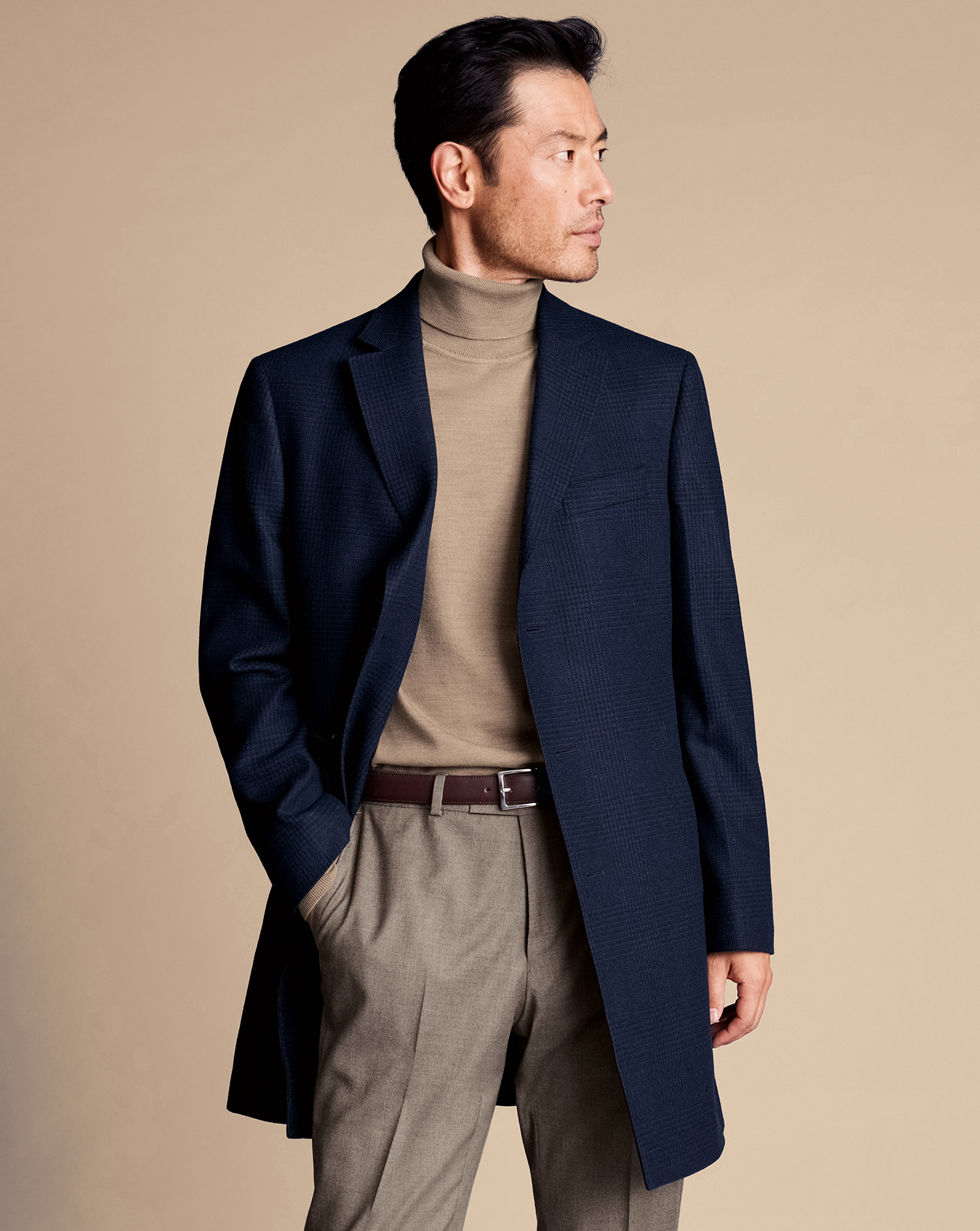 מעיל צמר Navy Prince of Wales Wool Overcoat