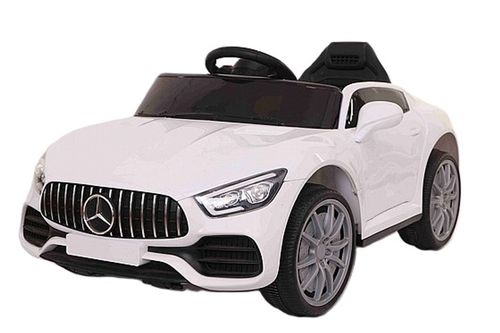 מכונית ממונעת 12V בדמות מרצדס GT עם אפקטים, אורות ושלט רחוק עם כפתור עצירת חרום - לבן 