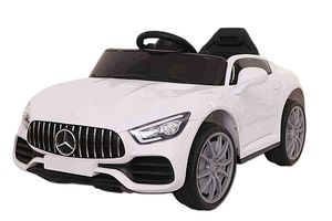 מכונית ממונעת 12V בדמות מרצדס GT עם אפקטים, אורות ושלט רחוק עם כפתור עצירת חרום - לבן 