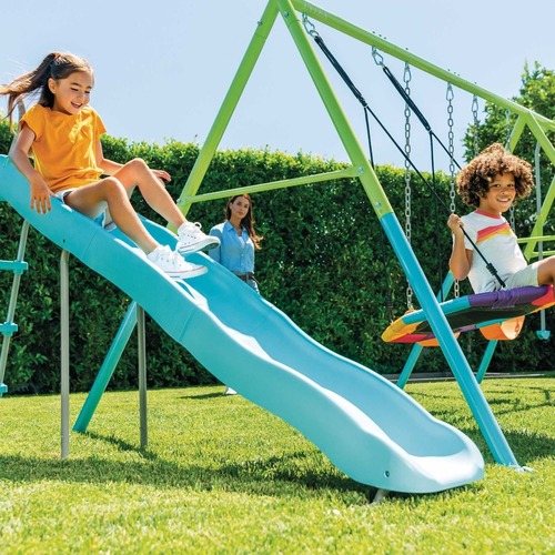 מתקן חצר ממתכת משולב עם 2 נדנדות קלאסיות, נדנדת קן ציפור ומגלשה - צבעוני אינטקס