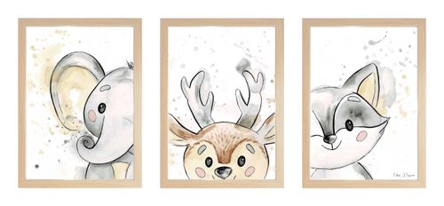 שלישיית תמונות מעוצבות לחדר תינוק / ילדים בגודל A4, מסגרת טבעי - חיות היער 