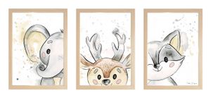 שלישיית תמונות מעוצבות לחדר תינוק / ילדים בגודל A4, מסגרת טבעי - חיות היער 