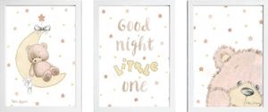 שלישיית תמונות מעוצבות לחדר תינוק / ילדים בגודל A4, מסגרת לבנה - לילה טוב דובי