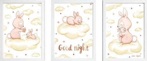 שלישיית תמונות מעוצבות לחדר תינוק / ילדים בגודל A4, מסגרת לבנה - 