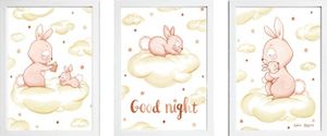 שלישיית תמונות מעוצבות לחדר תינוק / ילדים בגודל A4, מסגרת לבנה - "שעת סיפור לארנב"
