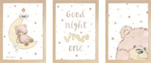 שלישיית תמונות מעוצבות לחדר תינוק / ילדים בגודל A3, מסגרת עץ - לילה טוב דובי