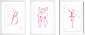 שלישיית תמונות מעוצבות לחדר תינוק / ילדים בגודל A3, מסגרת לבנה - בלט