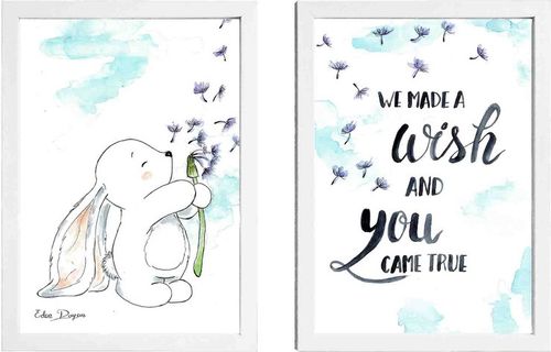זוג תמונות מעוצבות לחדר תינוק / ילדים בגודל A4, מסגרת לבנה - ארנב מבקש משאלה