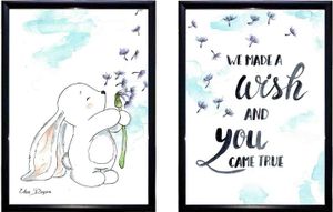 זוג תמונות מעוצבות לחדר תינוק / ילדים בגודל A4, מסגרת שחורה - ארנב מבקש משאלה