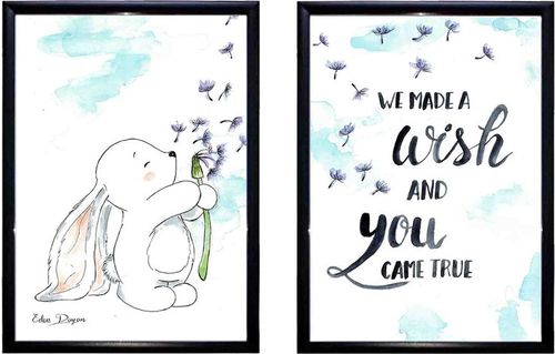 זוג תמונות מעוצבות לחדר תינוק / ילדים בגודל A3, מסגרת שחורה - ארנב מבקש משאלה