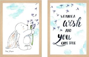 זוג תמונות מעוצבות לחדר תינוק / ילדים בגודל A3, מסגרת עץ - ארנב מבקש משאלה