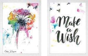 זוג תמונות מעוצבות לחדר תינוק / ילדים בגודל A3, מסגרת לבנה - פרח משאלה "Make a wish"