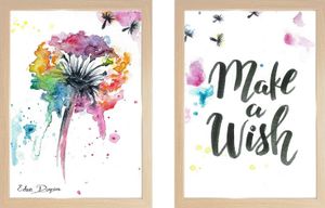 זוג תמונות מעוצבות לחדר תינוק / ילדים בגודל A4, מסגרת עץ - פרח משאלה "Make a wish"