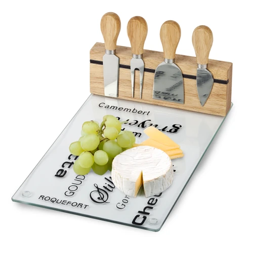 מגש זכוכית ו-4 כלים לגבינה- CheeseBoard