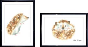 זוג תמונות מעוצבות לחדר תינוק / ילדים בגודל A4, מסגרת שחורה - קיפודים