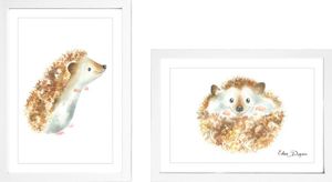 זוג תמונות מעוצבות לחדר תינוק / ילדים בגודל A4, מסגרת לבנה - קיפודים
