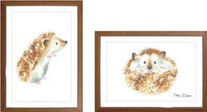 זוג תמונות מעוצבות לחדר תינוק / ילדים בגודל A4, מסגרת עץ  - קיפודים