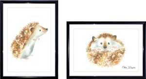 זוג תמונות מעוצבות לחדר תינוק / ילדים בגודל A3, מסגרת שחורה - קיפודים