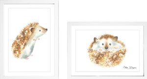זוג תמונות מעוצבות לחדר תינוק / ילדים בגודל A3, מסגרת לבנה - קיפודים
