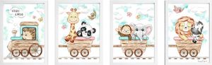 רביעיית תמונות מעוצבות לחדר תינוק / ילדים בגודל A3, מסגרת לבנה - רכבת עץ חיות