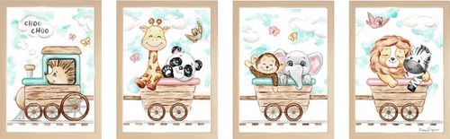 רביעיית תמונות מעוצבות לחדר תינוק / ילדים בגודל A3, מסגרת עץ - רכבת עץ חיות