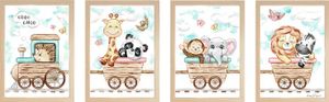 רביעיית תמונות מעוצבות לחדר תינוק / ילדים בגודל A4, מסגרת עץ - רכבת עץ חיות