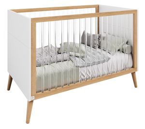 מיטת תינוק מעץ בוק עם מוטות מיטה שקופים וקיט שהופך אותה למיטת מעבר דגם נרקיס - לבן/טבעי